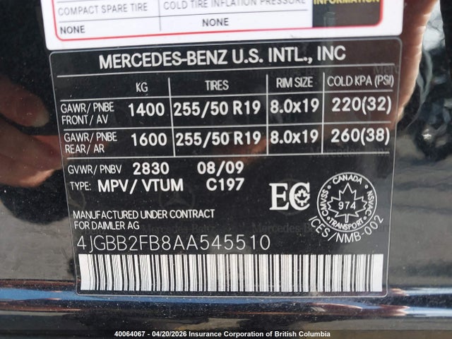 Aukcja sprzedaży 2010 Mercedes-benz Ml 350 Bluetec, vin: 4JGBB2FB8AA545510, numer aukcji: 40064067