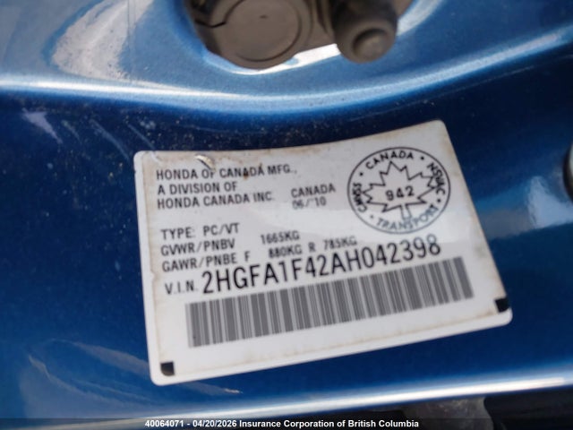 Aukcja sprzedaży 2010 Honda Civic, vin: 2HGFA1F42AH042398, numer aukcji: 40064071