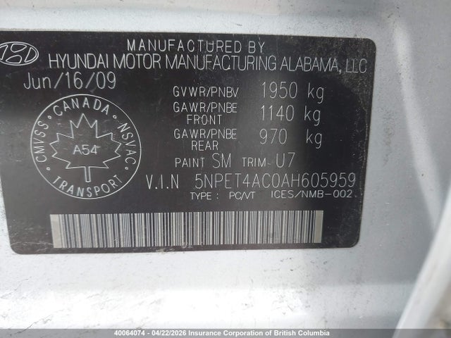Продаж на аукціоні авто 2010 Hyundai Sonata Limited, vin: 5NPET4AC0AH605959, номер лоту: 40064074