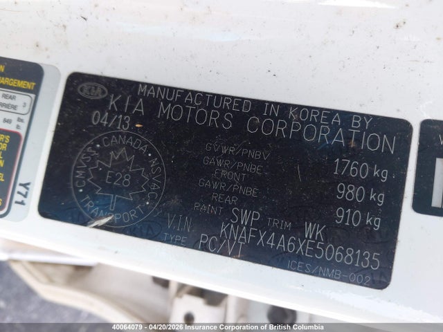 40064079 :رقم المزاد ، KNAFX4A6XE5068135 vin ، 2014 Kia Forte مزاد بيع