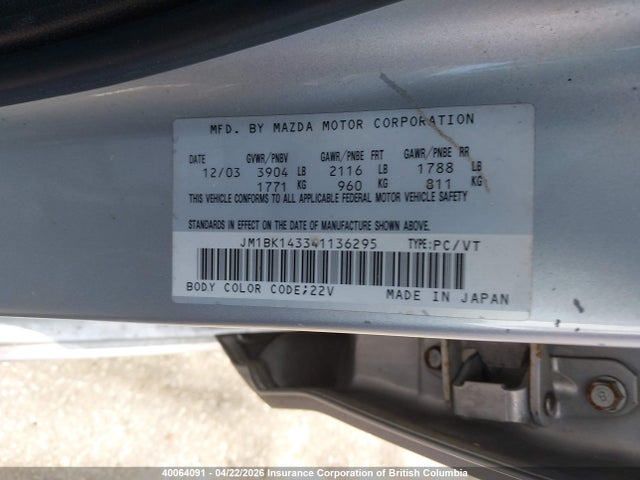 40064091 :رقم المزاد ، JM1BK143341136295 vin ، 2004 Mazda 3 Hatchback مزاد بيع
