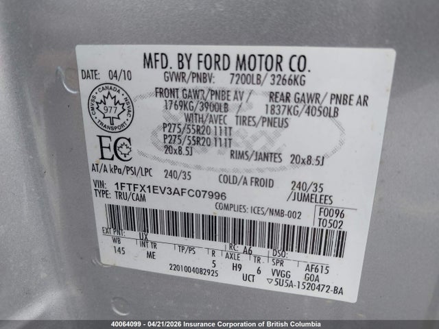40064099 :رقم المزاد ، 1FTFX1EV3AFC07996 vin ، 2010 Ford F150 مزاد بيع