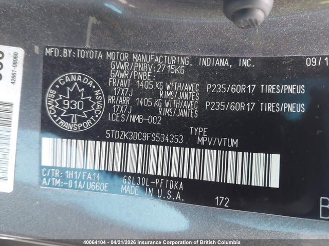 2015 Toyota Sienna 7 Passenger მანქანა იყიდება აუქციონზე, vin: 5TDZK3DC9FS534353, აუქციონის ნომერი: 40064104