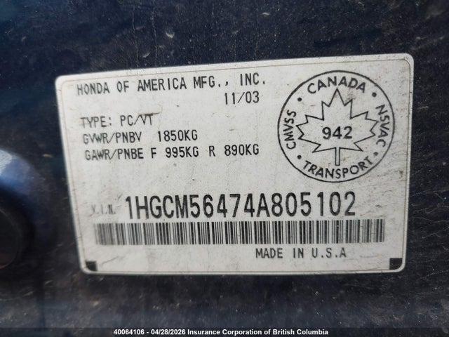 Aukcja sprzedaży 2004 Honda Accord Lx, vin: 1HGCM56474A805102, numer aukcji: 40064106