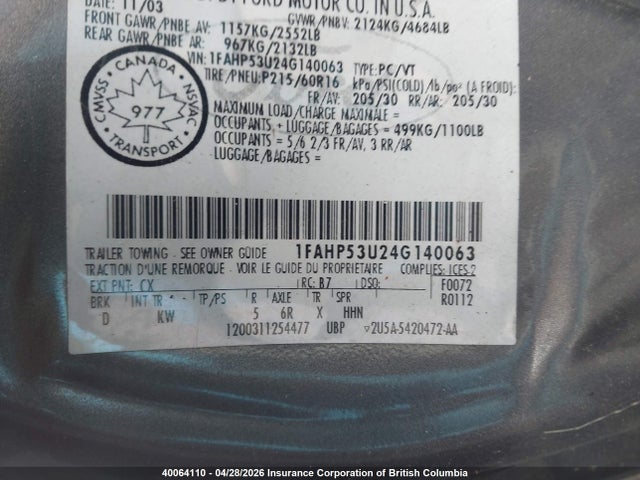 40064110 :رقم المزاد ، 1FAHP53U24G140063 vin ، 2004 Ford Taurus Se مزاد بيع