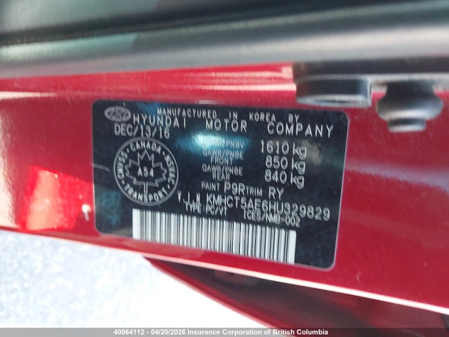 KMHCT5AE6HU329829 Hyundai ACCENT SE