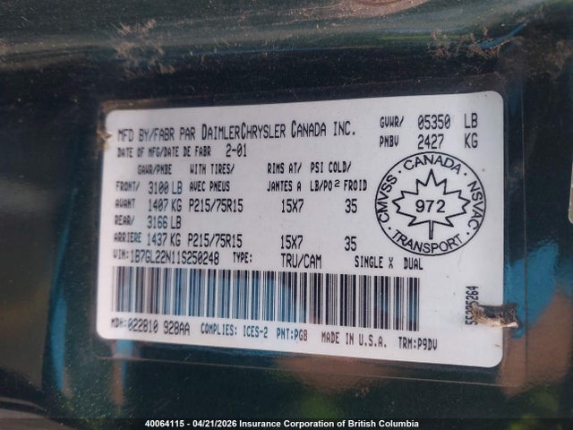 2001 Dodge Dakota მანქანა იყიდება აუქციონზე, vin: 1B7GL22N11S250248, აუქციონის ნომერი: 40064115