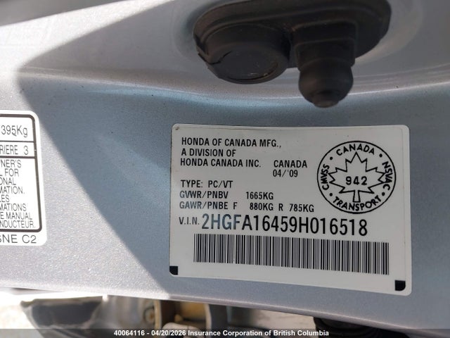 Aukcja sprzedaży 2009 Honda Civic, vin: 2HGFA16459H016518, numer aukcji: 40064116