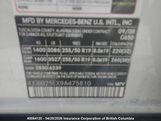 40064120 :رقم المزاد ، 4JGBB25EX9A475810 vin ، 2009 Mercedes-benz Ml مزاد بيع