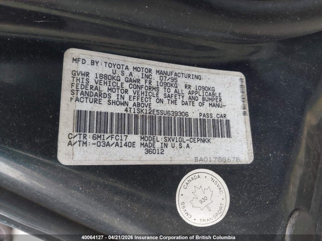 1995 Toyota Camry მანქანა იყიდება აუქციონზე, vin: 4T1SK12E5SU639306, აუქციონის ნომერი: 40064127
