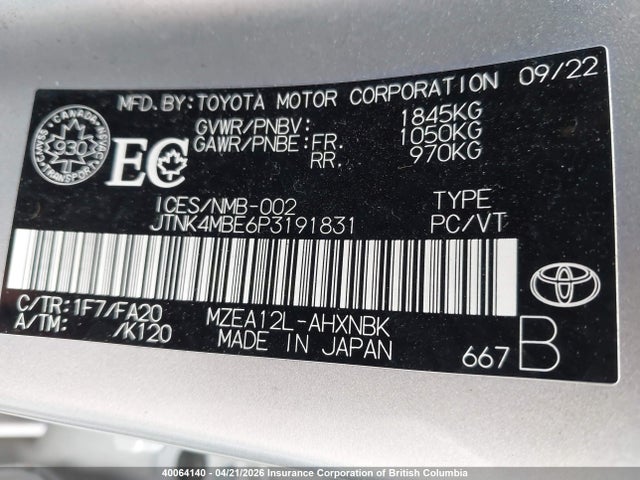 JTNK4MBE6P3191831 Toyota COROLLA SE
