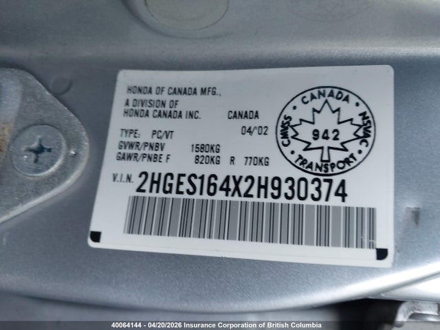 Aukcja sprzedaży 2002 Honda Civic, vin: 2HGES164X2H930374, numer aukcji: 40064144