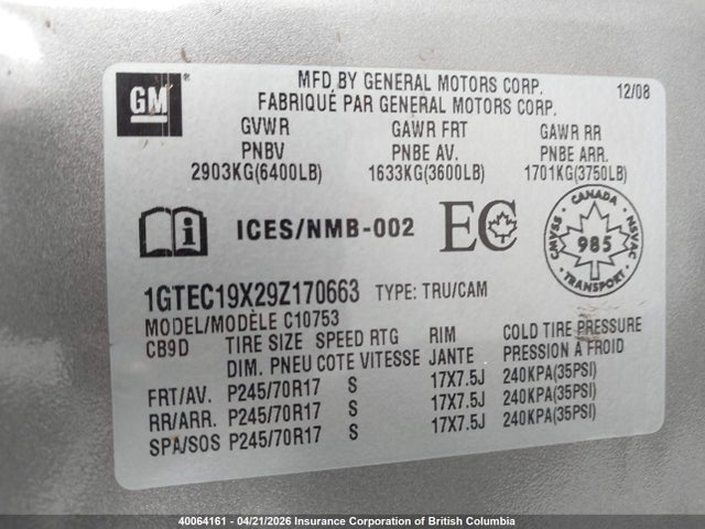 Aukcja sprzedaży 2009 Gmc Sierra C1500, vin: 1GTEC19X29Z170663, numer aukcji: 40064161