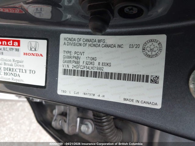 40064169 :رقم المزاد ، 2HGFC2F54LH019992 vin ، 2020 Honda Civic مزاد بيع