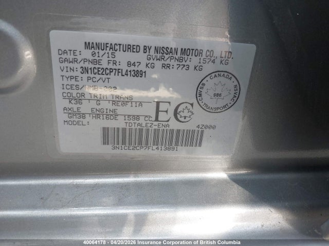 Aukcja sprzedaży 2015 Nissan Versa, vin: 3N1CE2CP7FL413891, numer aukcji: 40064178