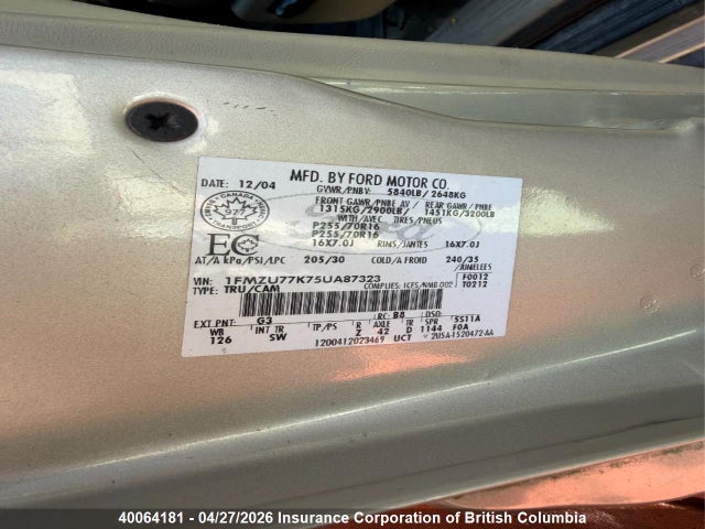 40064181 :رقم المزاد ، 1FMZU77K75UA87323 vin ، 2005 Ford Explorer Sport Trac مزاد بيع