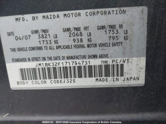 Продажа на аукционе авто 2007 Mazda 3 I, vin: JM1BK32F171754731, номер лота: 40064183