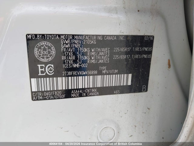 2016 Toyota Rav4 მანქანა იყიდება აუქციონზე, vin: 2T3BFREVXGW456898, აუქციონის ნომერი: 40064184