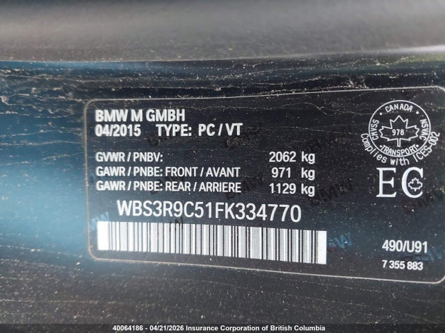 40064186 :رقم المزاد ، WBS3R9C51FK334770 vin ، 2015 Bmw M4 مزاد بيع