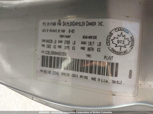 Aukcja sprzedaży 2004 Chrysler Sebring Limited, vin: 1C3EL65R94N231550, numer aukcji: 40064200