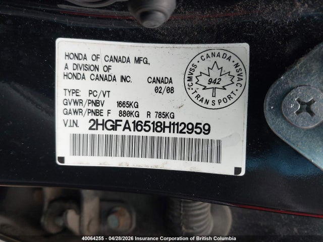 Aukcja sprzedaży 2008 Honda Civic, vin: 2HGFA16518H112959, numer aukcji: 40064255