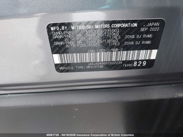 JA4J4VA86PZ602234 Mitsubishi Outlander Sel/sel Black Edition/sel Touring/sel Premium/40th Anniversary