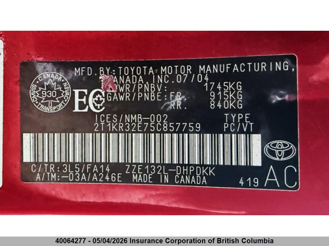 40064277 :رقم المزاد ، 2T1KR32E75C857759 vin ، 2005 Toyota Corolla Matrix Xr مزاد بيع