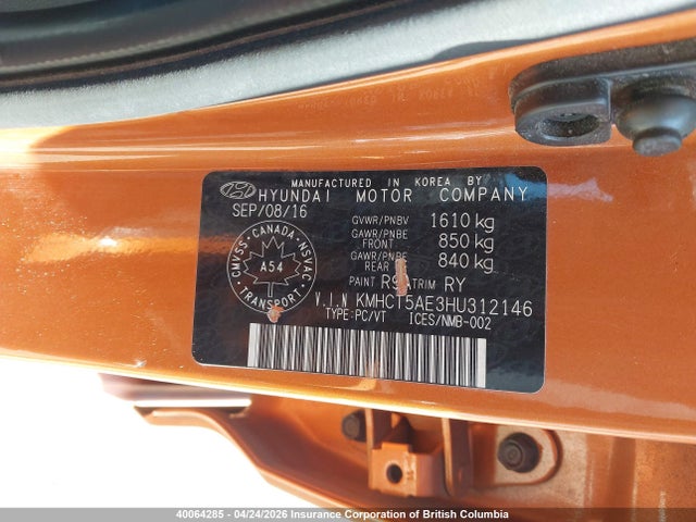 KMHCT5AE3HU312146 Hyundai ACCENT SE