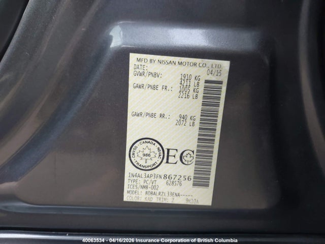1N4AL3AP3FN867256 Nissan Altima 2.5/s/sv/sl