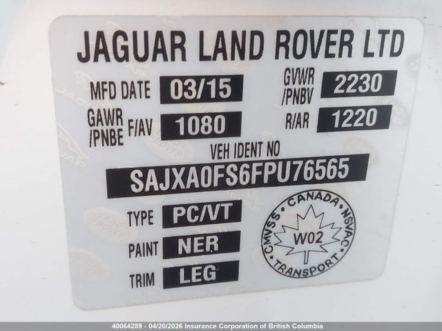Продаж на аукціоні авто 2015 Jaguar Xf, vin: SAJXA0FS6FPU76565, номер лоту: 40064289