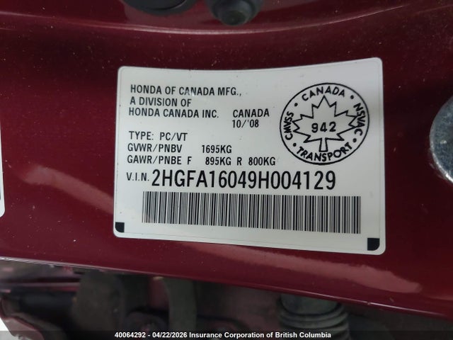 Aukcja sprzedaży 2009 Honda Civic, vin: 2HGFA16049H004129, numer aukcji: 40064292
