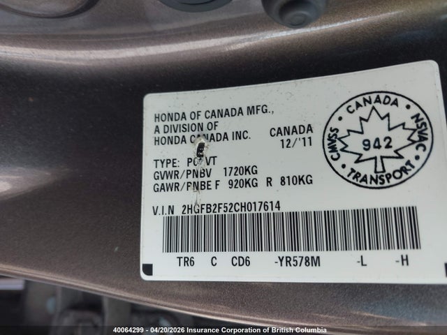 Aukcja sprzedaży 2012 Honda Civic, vin: 2HGFB2F52CH017614, numer aukcji: 40064299
