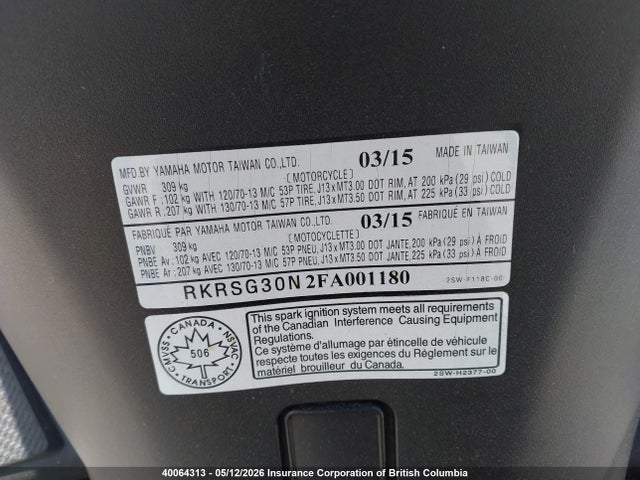 40064313 :رقم المزاد ، RKRSG30N2FA001180 vin ، 2015 Yamaha Xc155 مزاد بيع