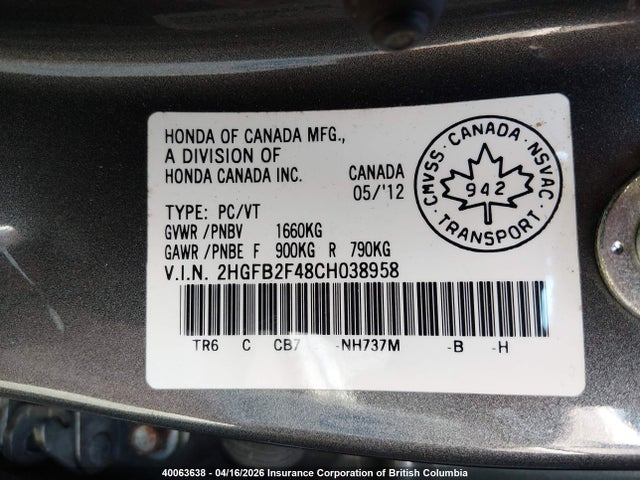 2012 Honda Civic Lx მანქანა იყიდება აუქციონზე, vin: 2HGFB2F48CH038958, აუქციონის ნომერი: 40063638