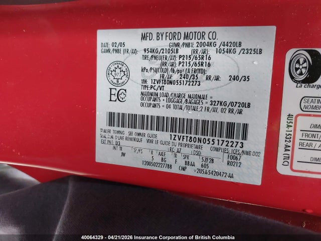 Продажа на аукционе авто 2005 Ford Mustang, vin: 1ZVFT80N055172273, номер лота: 40064329