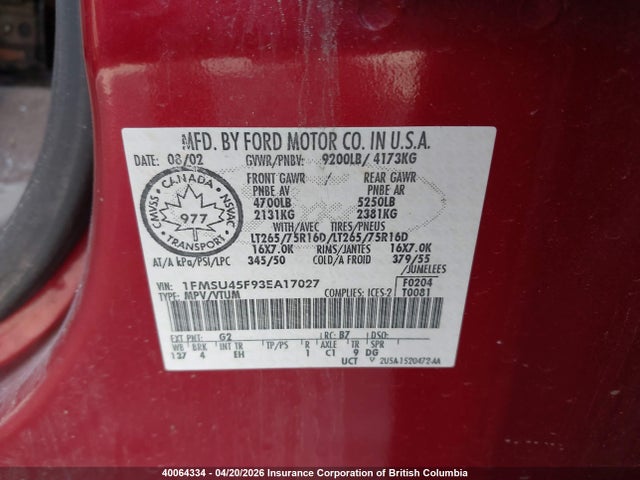 40064334 :رقم المزاد ، 1FMSU45F93EA17027 vin ، 2003 Ford Excursion Eddie Bauer مزاد بيع