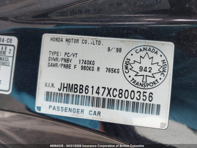 40064335 :رقم المزاد ، JHMBB6147XC800356 vin ، 1999 Honda Prelude مزاد بيع