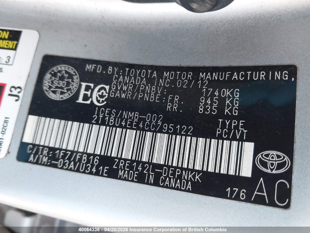 2012 Toyota Corolla S/le მანქანა იყიდება აუქციონზე, vin: 2T1BU4EE4CC795122, აუქციონის ნომერი: 40064336
