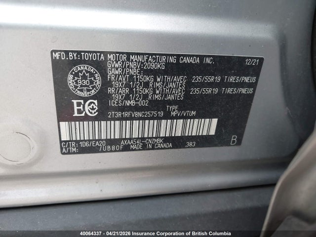 2022 Toyota Rav4 მანქანა იყიდება აუქციონზე, vin: 2T3R1RFV8NC257519, აუქციონის ნომერი: 40064337