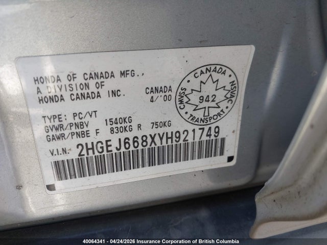 Aukcja sprzedaży 2000 Honda Civic, vin: 2HGEJ668XYH921749, numer aukcji: 40064341