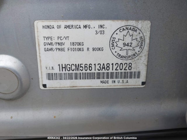 Aukcja sprzedaży 2003 Honda Accord Ex, vin: 1HGCM56613A812028, numer aukcji: 40064342
