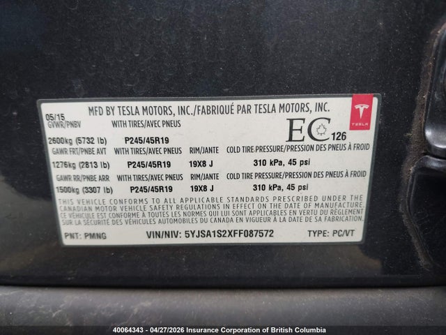 Продаж на аукціоні авто 2015 Tesla Model S 70d, vin: 5YJSA1S2XFF087572, номер лоту: 40064343