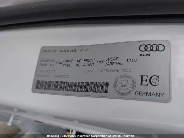 40064344 :رقم المزاد ، WAUC4CF56KA003260 vin ، 2019 Audi S5 مزاد بيع
