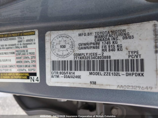 2004 Toyota Corolla Matrix Xr მანქანა იყიდება აუქციონზე, vin: 2T1KR32E34C803888, აუქციონის ნომერი: 40064345