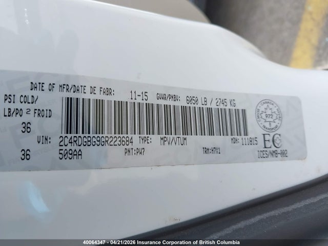 2016 Dodge Grand Caravan Se მანქანა იყიდება აუქციონზე, vin: 2C4RDGBG9GR223684, აუქციონის ნომერი: 40064347