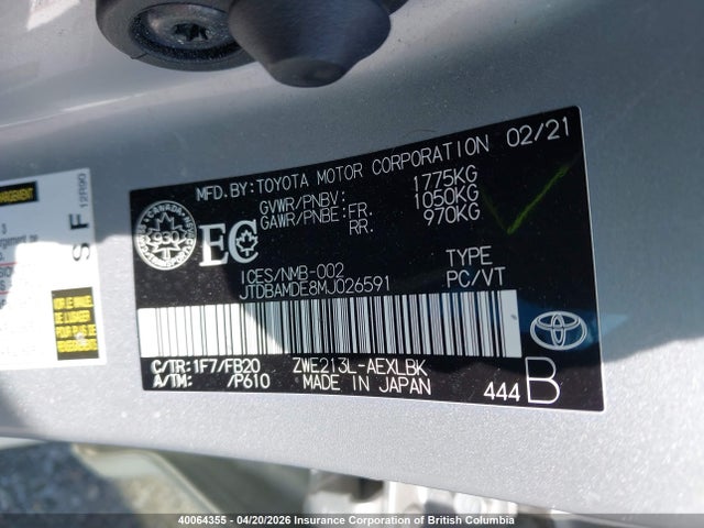 2021 Toyota Corolla მანქანა იყიდება აუქციონზე, vin: JTDBAMDE8MJ026591, აუქციონის ნომერი: 40064355