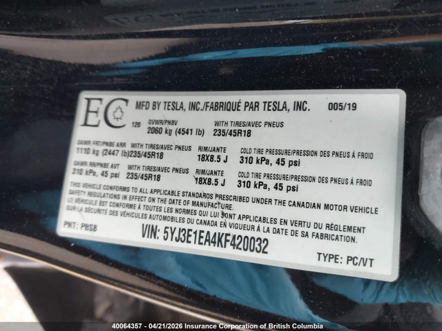 Продажа на аукционе авто 2019 Tesla Model 3, vin: 5YJ3E1EA4KF420032, номер лота: 40064357