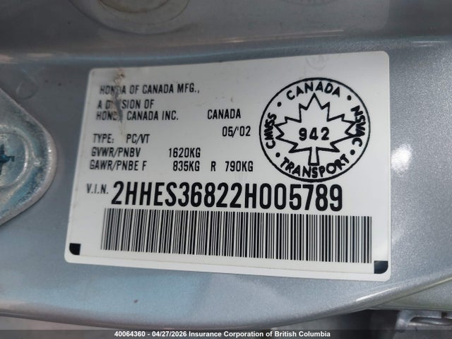 Aukcja sprzedaży 2002 Acura 1.7el Premium, vin: 2HHES36822H005789, numer aukcji: 40064360