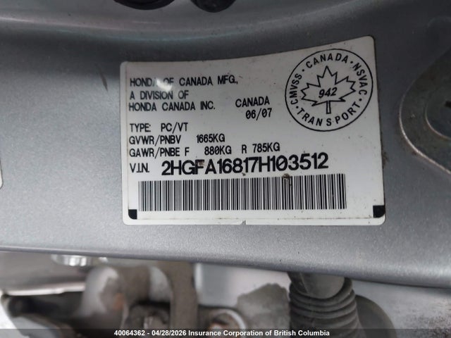 Aukcja sprzedaży 2007 Honda Civic, vin: 2HGFA16817H103512, numer aukcji: 40064362