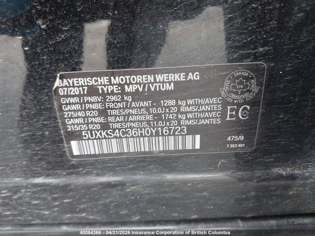 40064366 :رقم المزاد ، 5UXKS4C36H0Y16723 vin ، 2017 Bmw X5 مزاد بيع